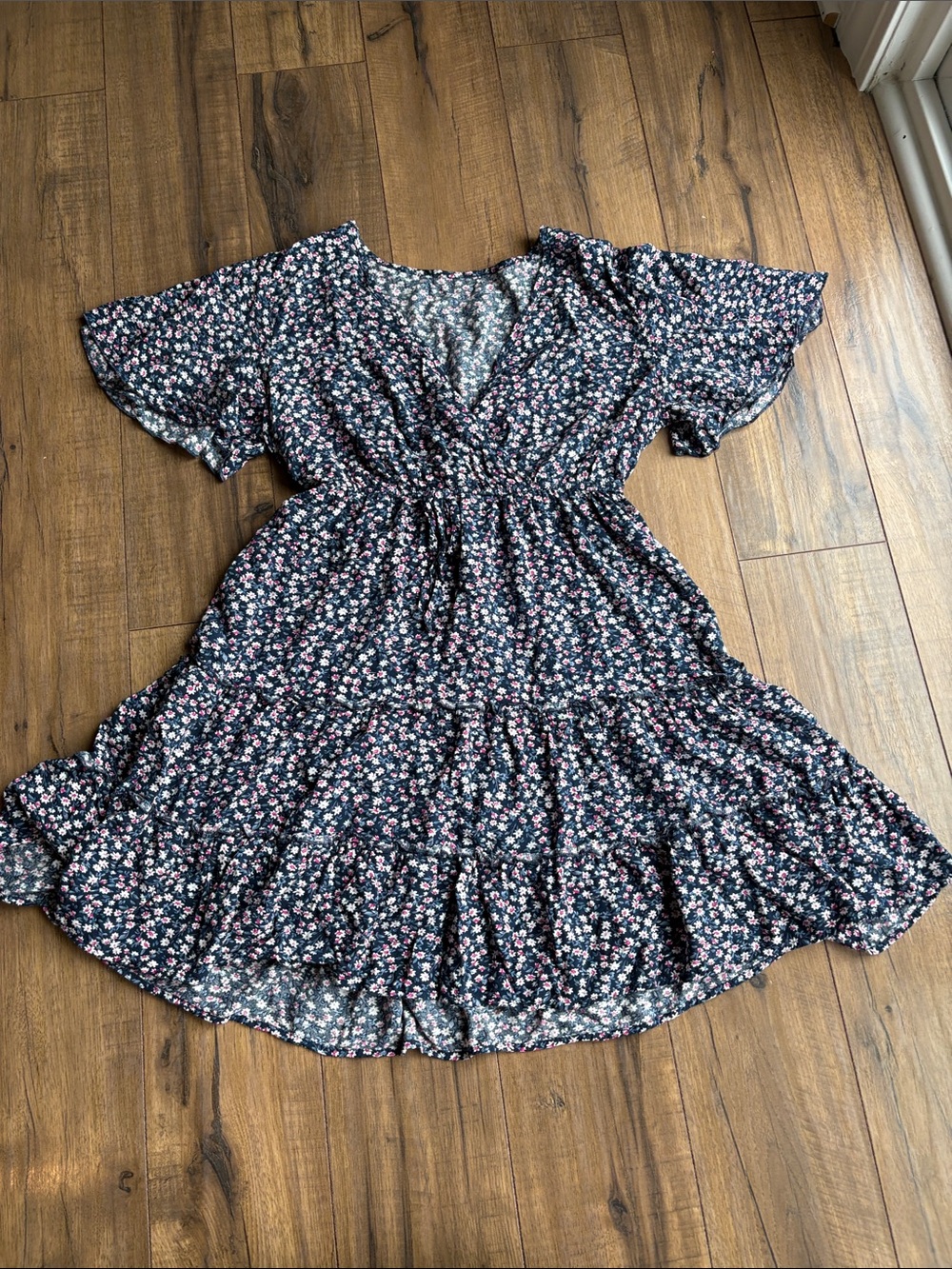 Source Unknown Navy Floral Ruffled Tiered Midi Dress